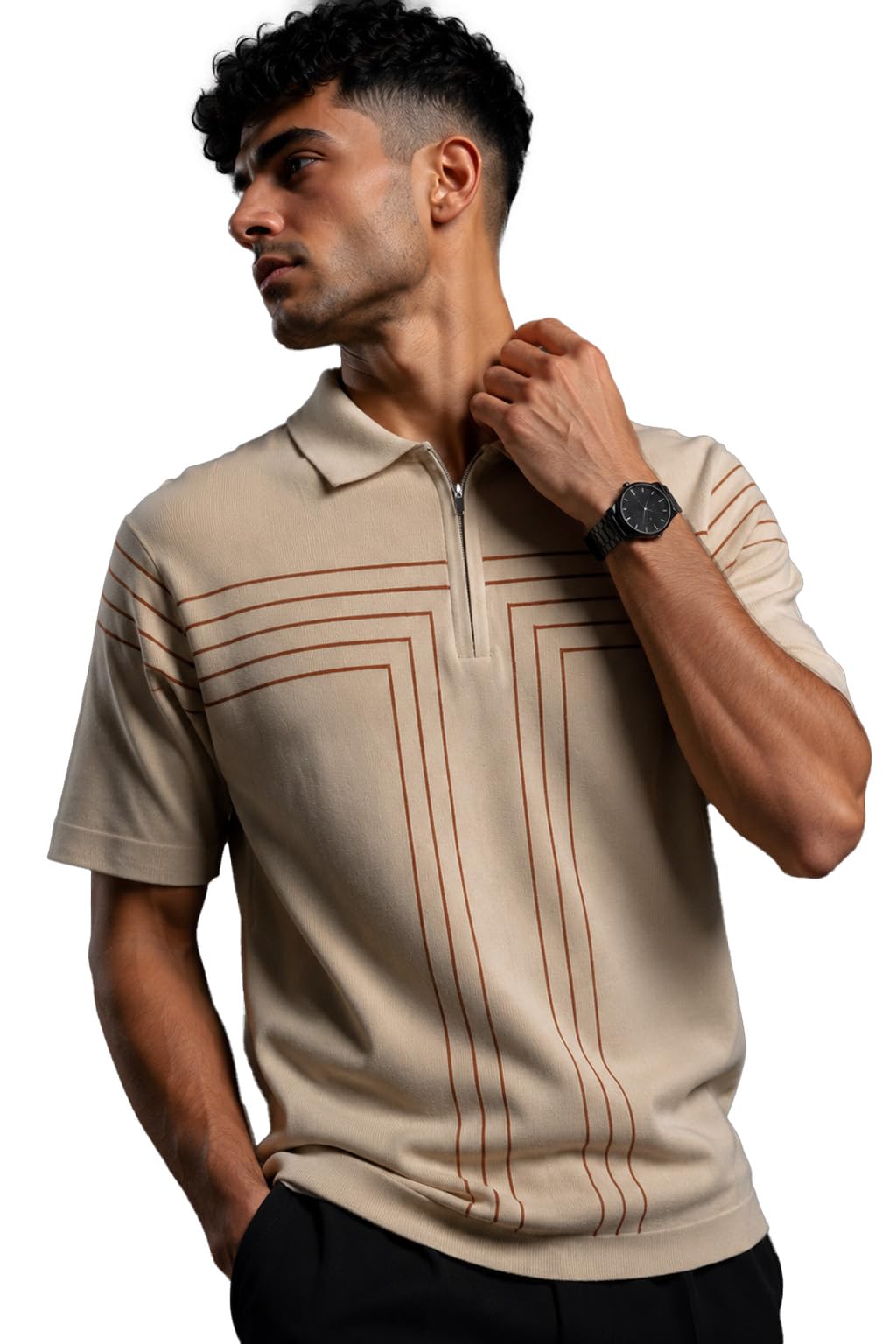 hypesight Beige Striped Polo T Shirt for Men | Premium Cotton Classic Polo |-picture-36