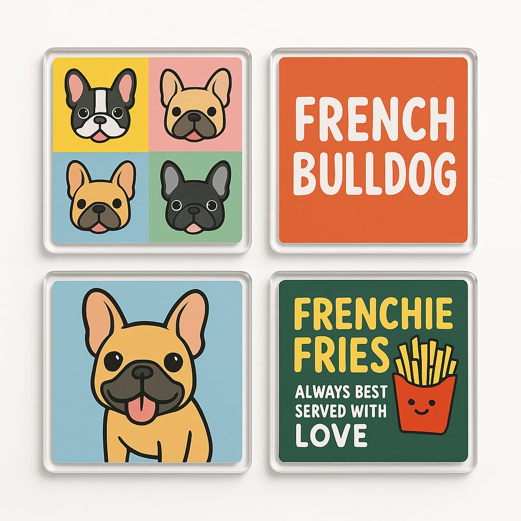 The Plum Penguin Frenchie Whimsy Acrylic Coaster Gift Set Of 4 With Design - Vibrant Dog Lover Home Decor For Pet Mum Birthday Celebration