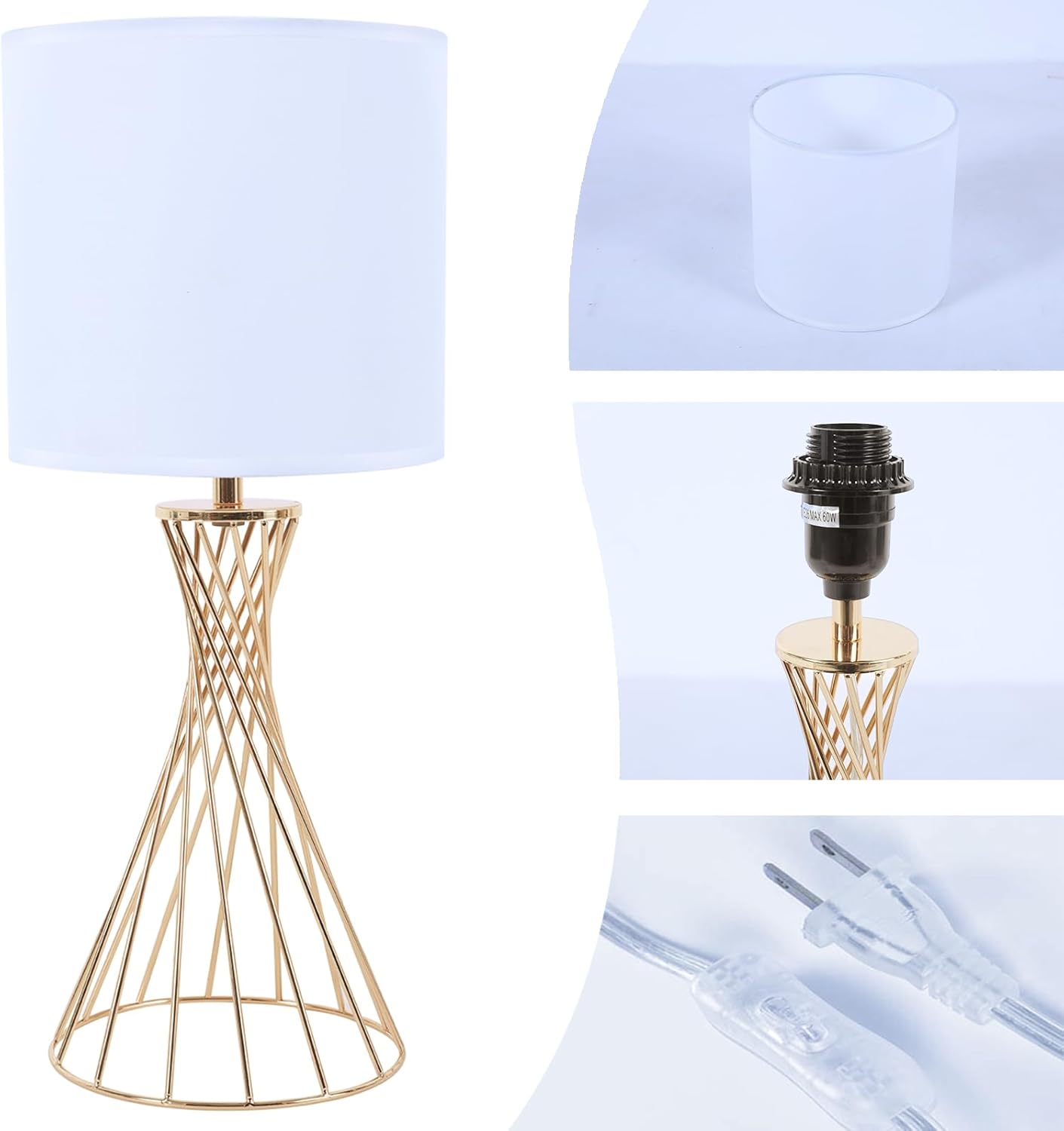 Gold Table Lamp, Modern Bedside Lamp for Nightstand, Small lamp for Bedroom, Metal Geometric Hollow Out Base with White Fabric Shade