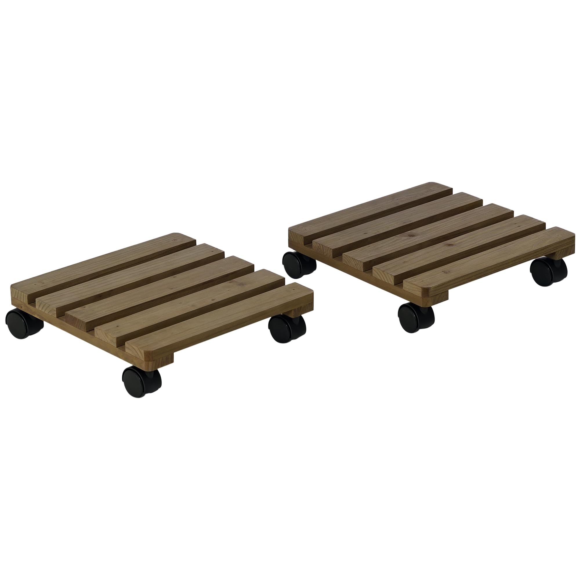 Outsunny Pack de 2 Plataformas con Ruedas de Madera 50 kg Marrón Oscuro | Soportes para Plantas con Ruedas 360 ° Giratorias Bloqueables, Bases para Macetas, Exterior, Interior, Jardín