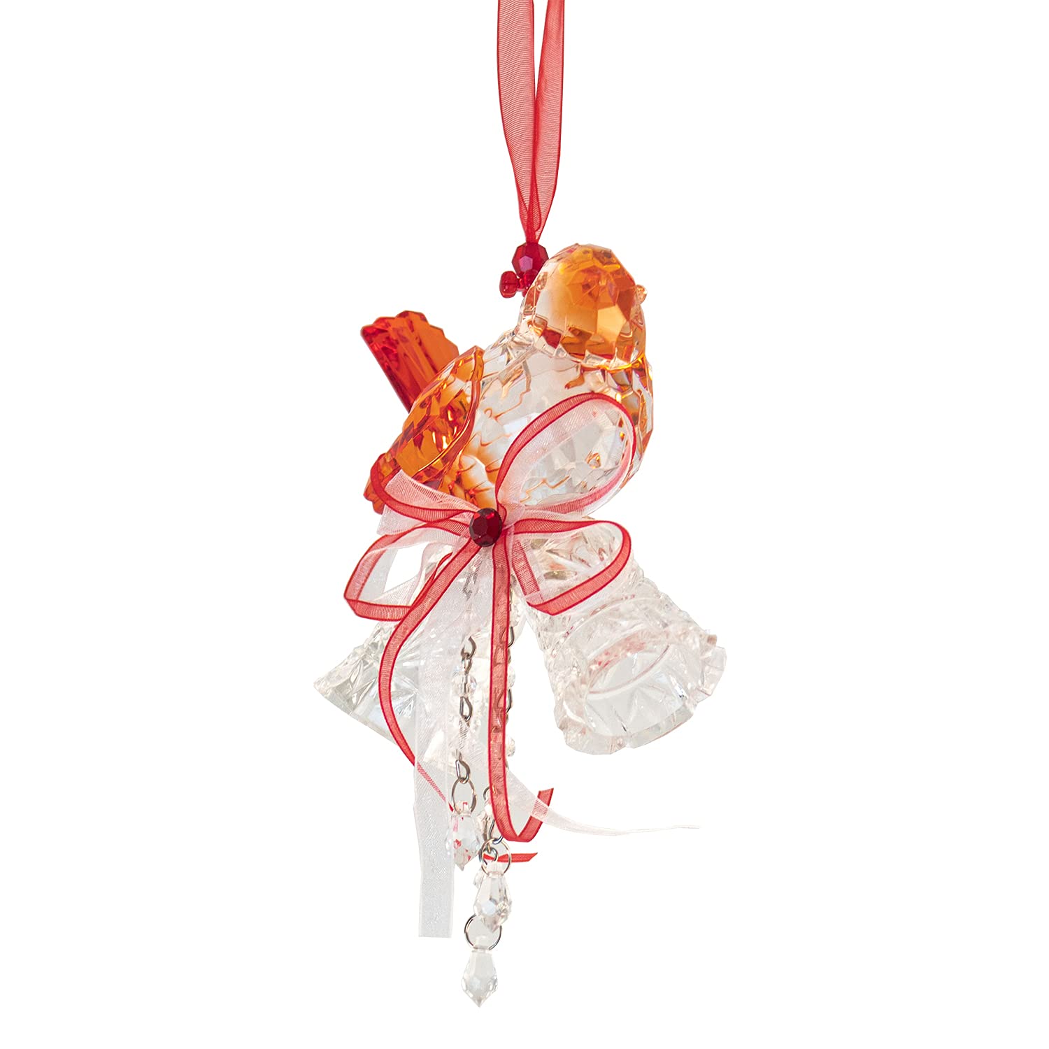 Crystal Quality Multi-Toned Acrylic Sparrows with Bells Hanging Ornament (Red)