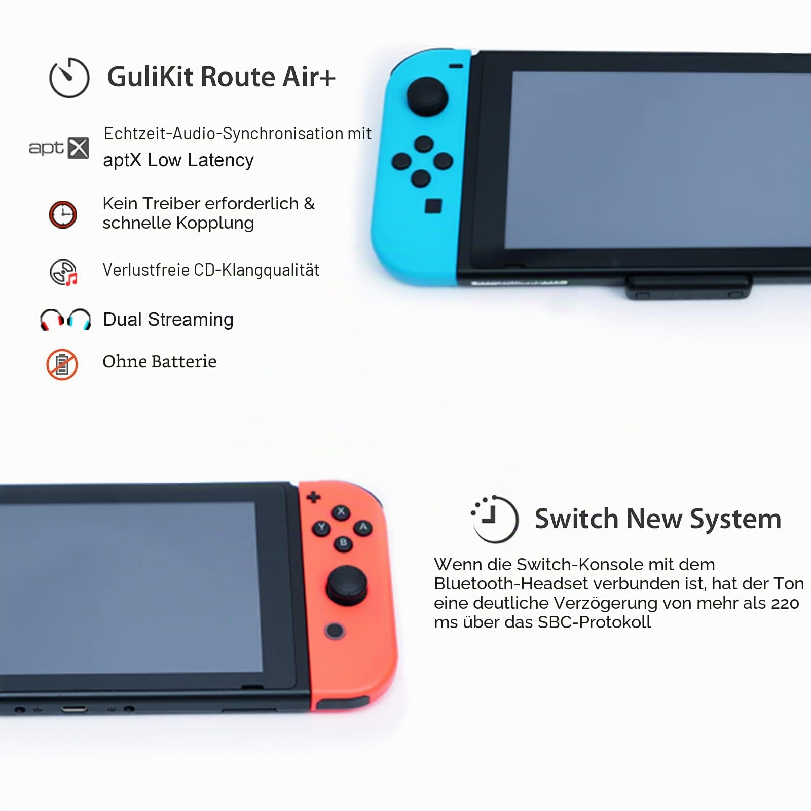 GuliKit Route Air Bluetooth Adapter für Nintendo Switch/Lite, Drahtloser Bluetooth-Audiosender mit aptX Low Latency, Unterstützung für Bluetooth-Kopfhörer Kopfhörer Lautsprecher - Schwarz