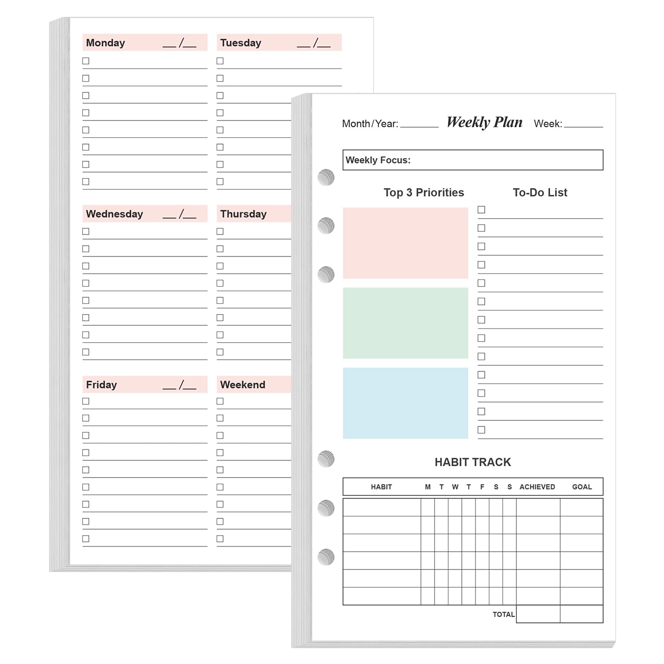 A6 Weekly Planner Refills for Filofax Personal Binders, 53 Sheets/106 Pages Undated Colorful Weekly Planner, 6-Hole Punched, 100 gsm White Paper, Last 1 Year, 3.75" x 6.75"