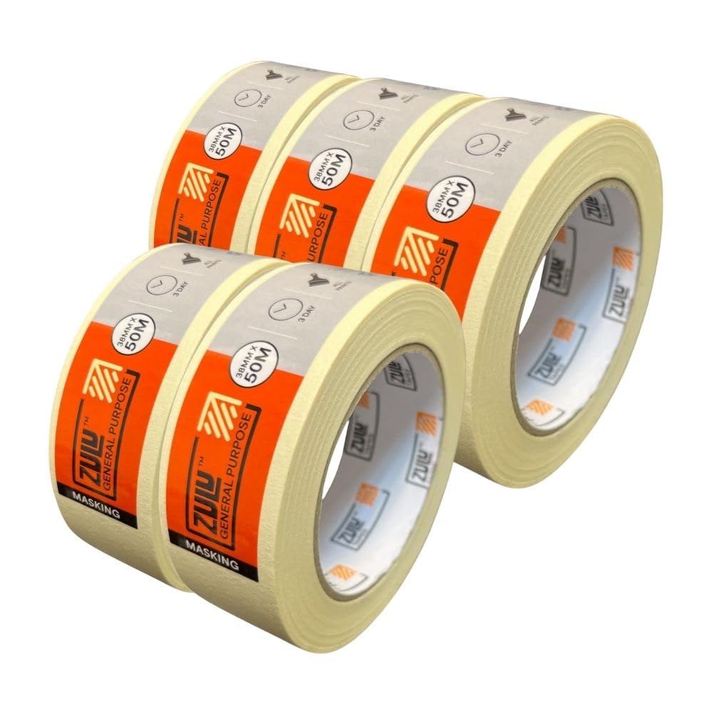 Zulu Premium Masking Tape for Painters 38mm x 50m - Multi Surface Indoor Adhesive Painters Tape - DIY Decorating Rennovation Crafts Arts | (5 Pack)