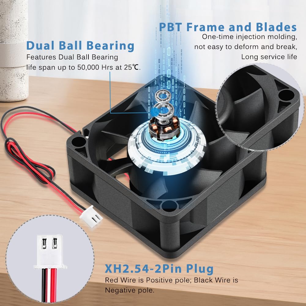 GDSTIME Paquete de 2 ventiladores de 12 V CC de 60 mm IP68 de 60 mm x 25 mm, ventilador de refrigeración de PC de 2 pines, doble rodamiento de bolas, ventilador de caja de 6 cm, 4500 RPM de alta