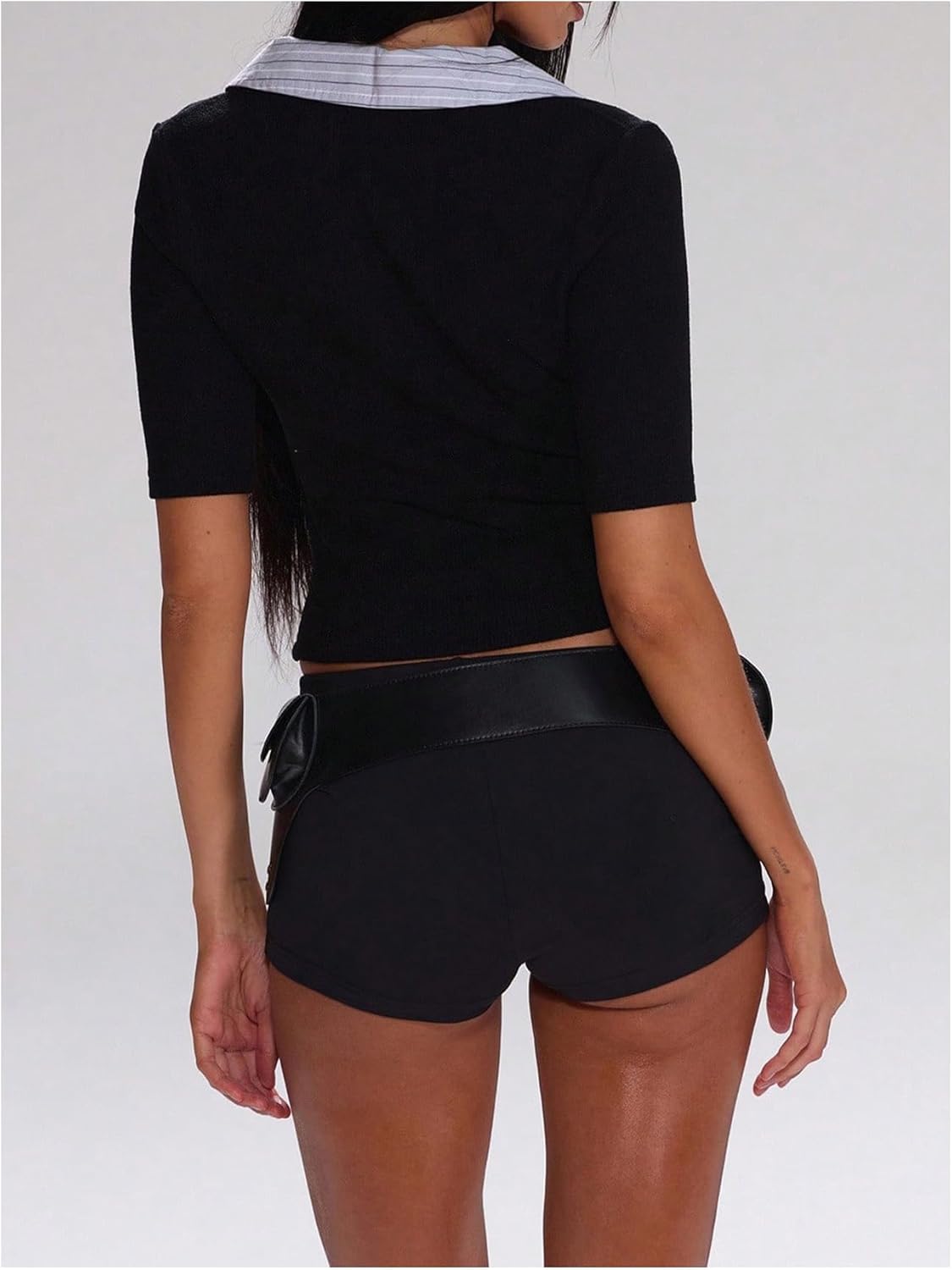 Women's Pinstripe Collared Short Sleeve T Shirts Button Down Fitted Crop Tops - Image 2