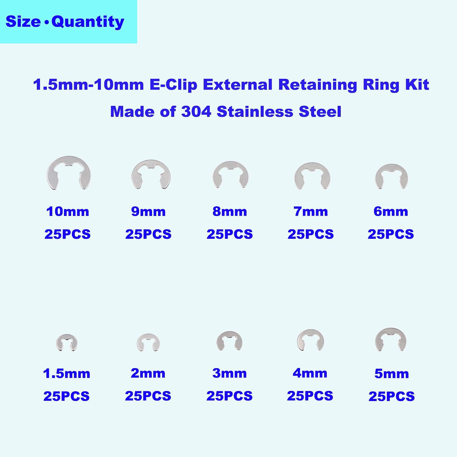 E-Clip Retaining Ring Kit - 250pcs Metric Sizes -3 E-Clip Retaining Ring Kit - 250pcs Metric Sizes -3