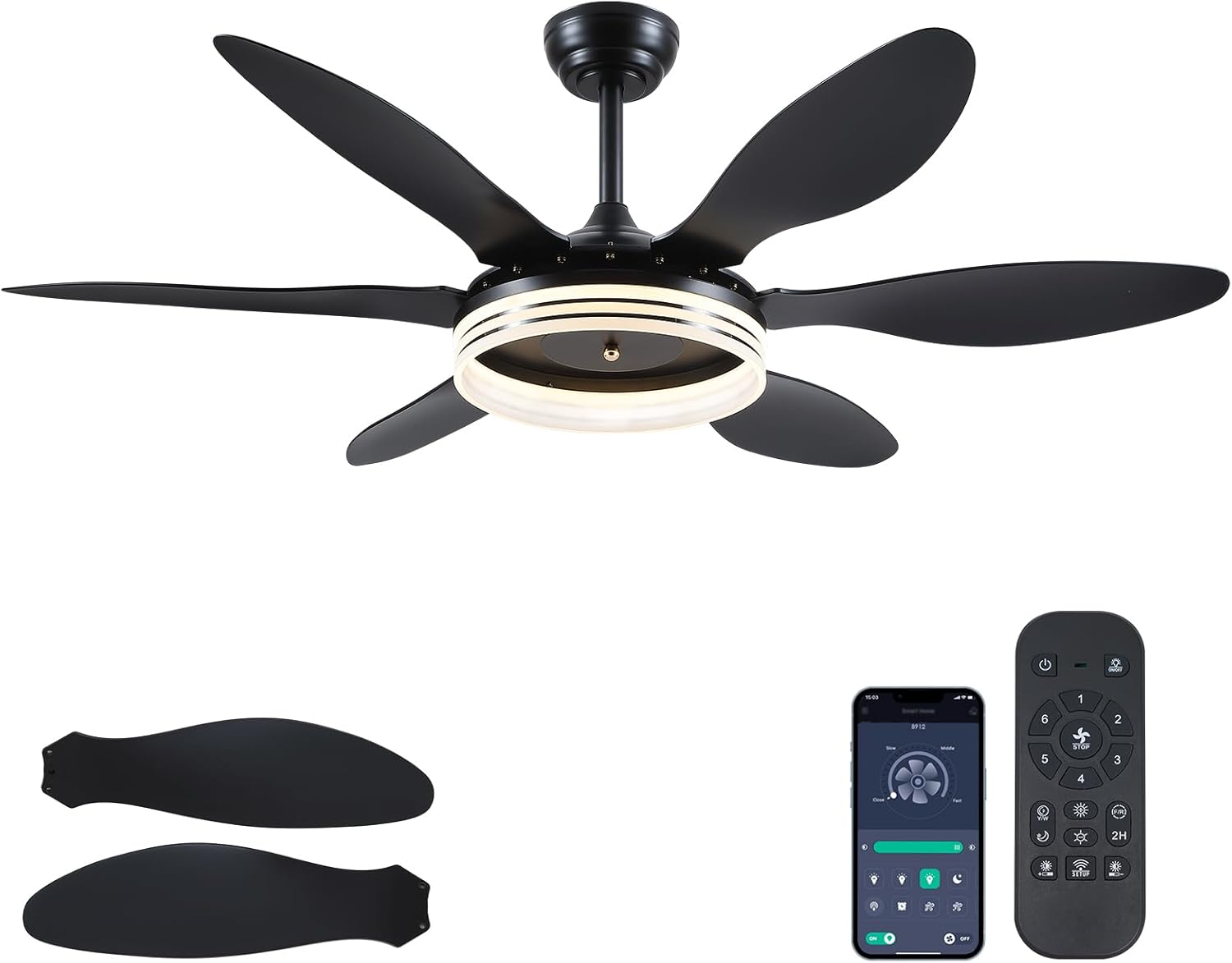 BayDay Ceiling Fans with Lights, Black Ceiling Fan with Light and Remote 3CCT Dimmable Light, 6 Blades, Reversible 6 Speeds Flush Mount Slope Ceiling Fan Modern Bedroom Living Room Indoor 51 inch