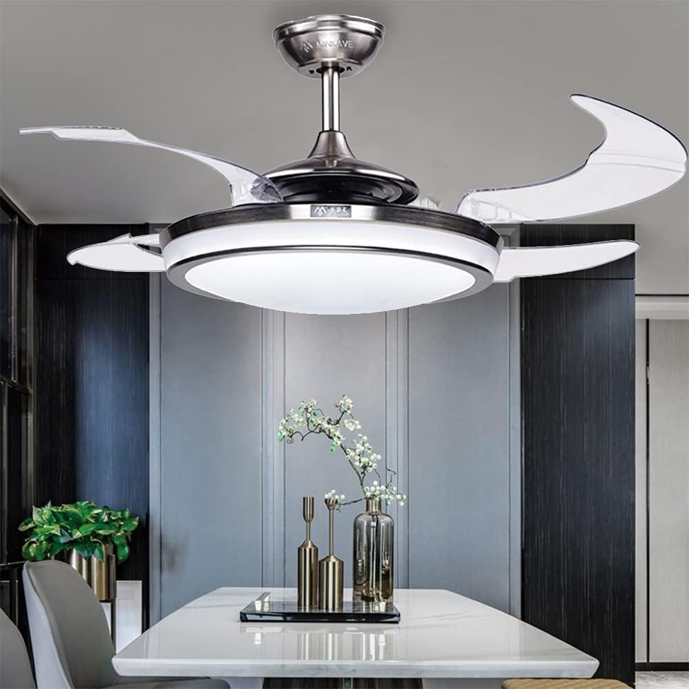 WHYIN 44" Modern Ceiling Fan Light Polished & Clear Retractable Blades 3 Speeds 3 Colors Integrated LED Ceiling Fan with Remote Control Included, Silent Motor with LED Kits Included