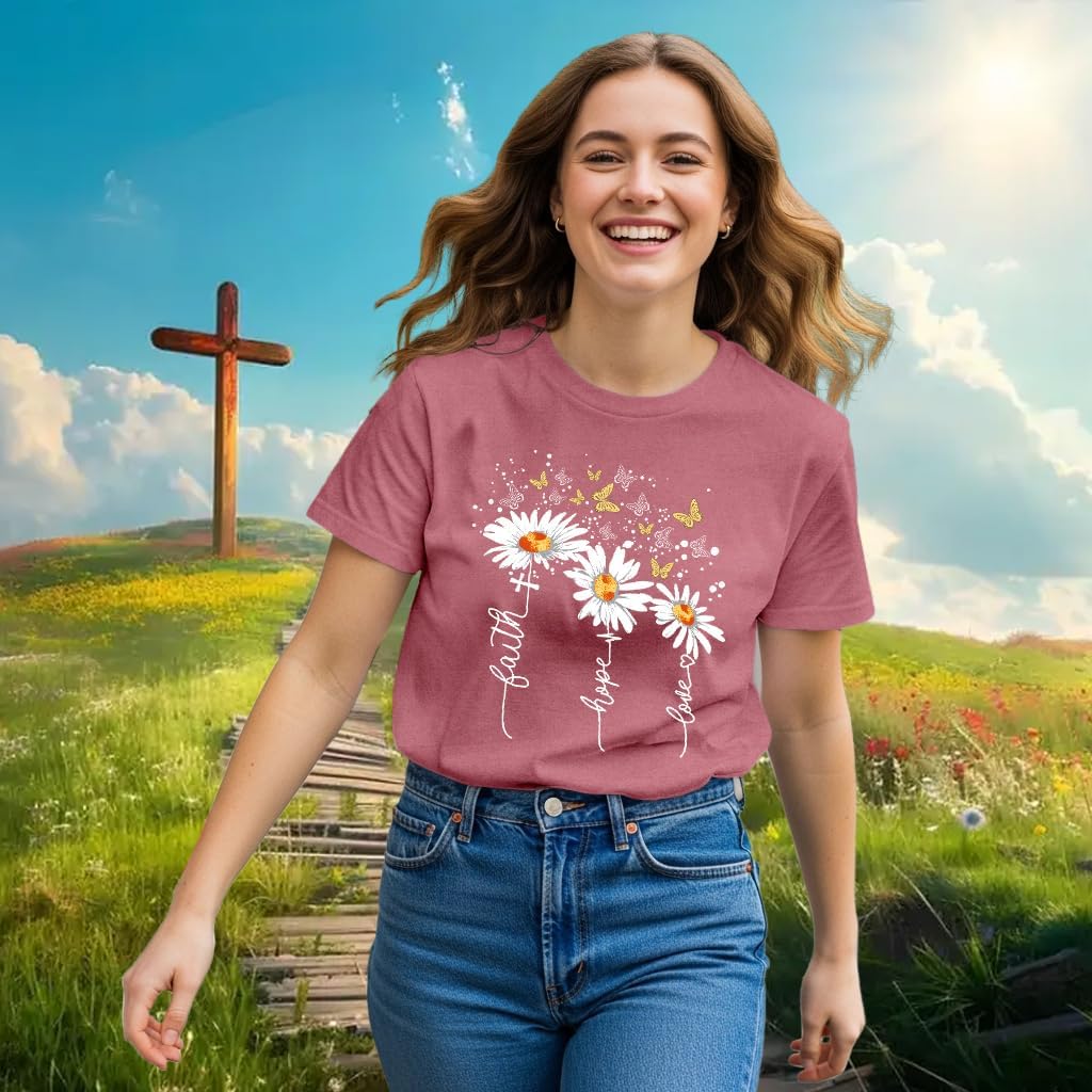 Christian Shirts for Women Daisy Floral T-Shirt Faith Hope Love Tee Butterfly Tops - Image 3
