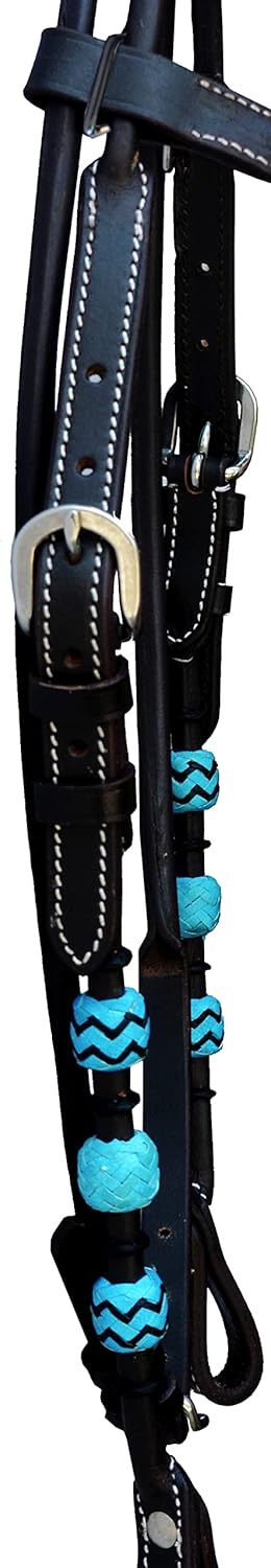 Western Leather Round Headstall with Natural Hand Braided Turquoise Rawhide Futurity Knot Natural Hair Tassels Bridle -Dark Brown