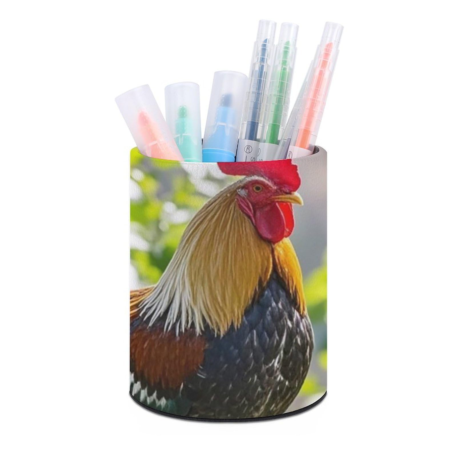 FekiLoot PU Leather Round Pen Holder Rooster And Hen Pencil Holder Desk Organizer Pen Organizer Pen Cup Pencil Cup Caddy Desktop Stationery Organizers for Office Home Supplies