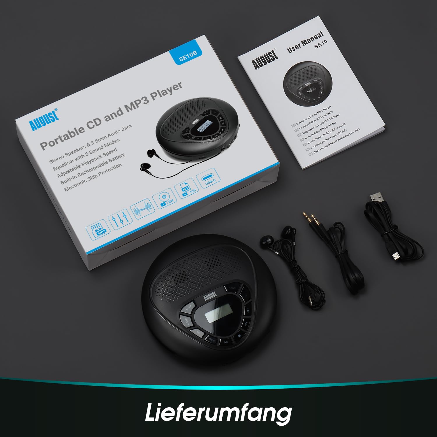 August SE10 Wiederaufladbarer tragbarer CD Player mit Kopfhörer - Discman USB-C mit Lautsprecher Überspring (Anti-Skip) Schutz MP3 CD Player mit Wiederholung/EQ/PROG/Micro SD/EQ für Erwachsene Kinder