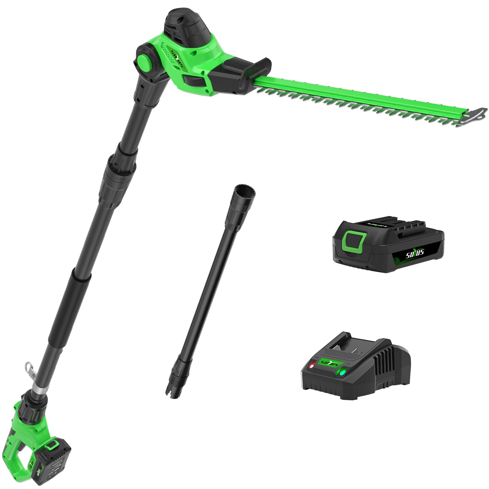 SOYUS Cordless Pole Hedge Trimmer, 18-inch Electric Hedge Trimmer with Extension Pole, 14-Foot Max Reach, Multi-Angle, Battery and Charger Included