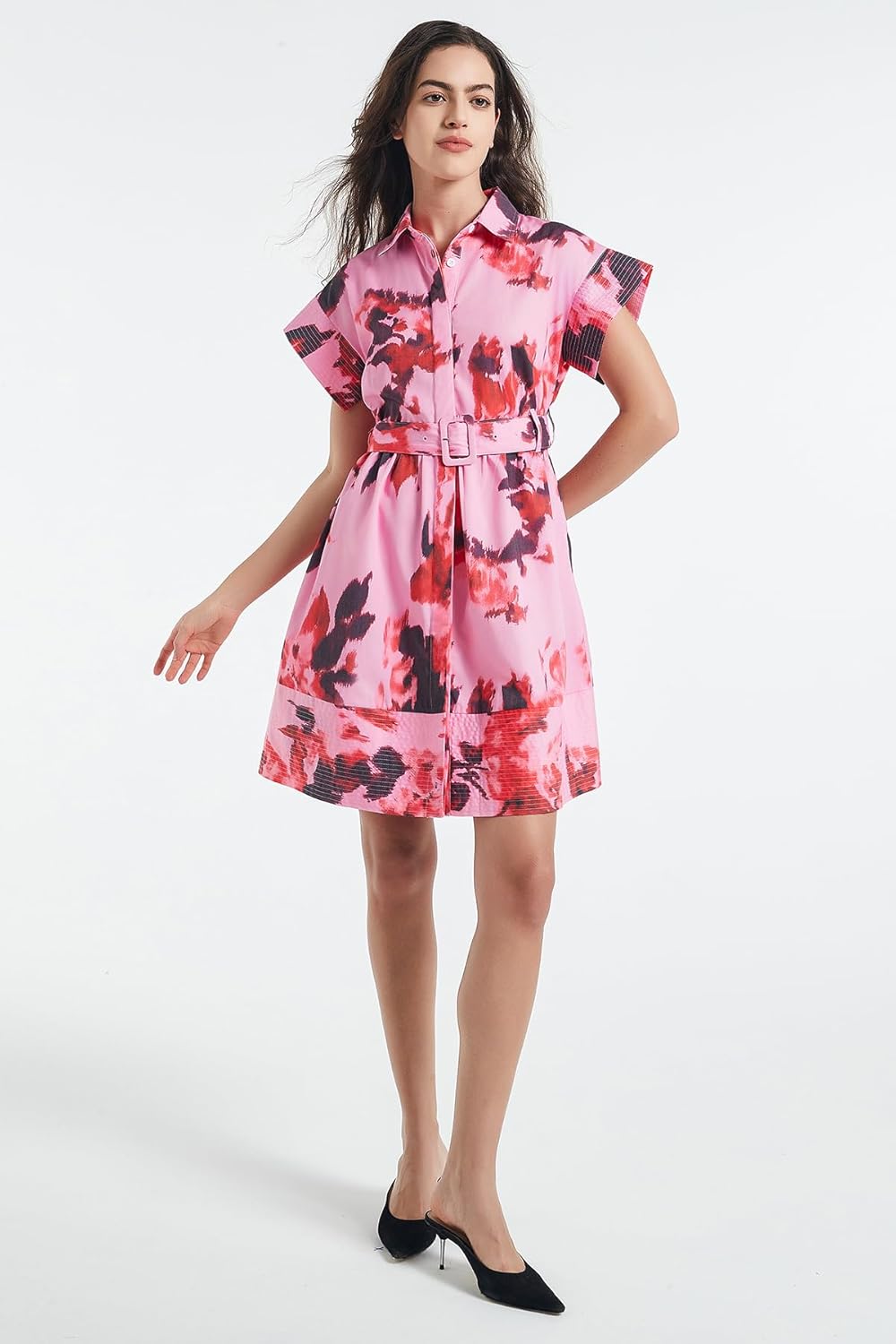 D-Sun Women Button Down Shirt Dress V-Neck Floral Printed Short Sleeve Mini Dress Casual Belted Short Party with Pocket - Image 2