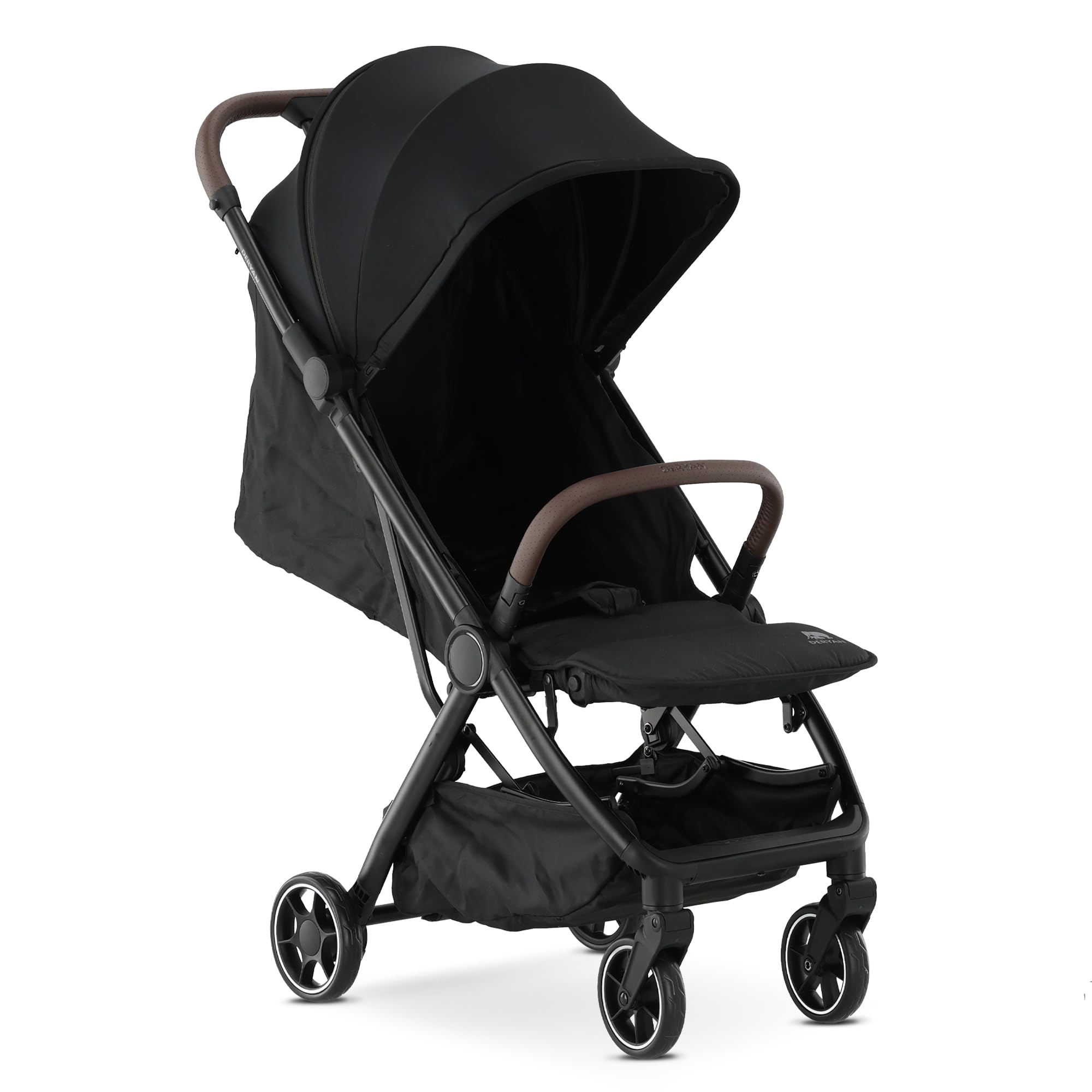 Deryan Air Travel Buggy - Pour enfants de la naissance jusqu'à 22 kg, 0 à 4 ans - Avec fonction couchage - Ultra légère 8 kg - Pliable d'une seule main Pour Avion - UPF 50+, Panier jusqu'à 5 kg - Noir