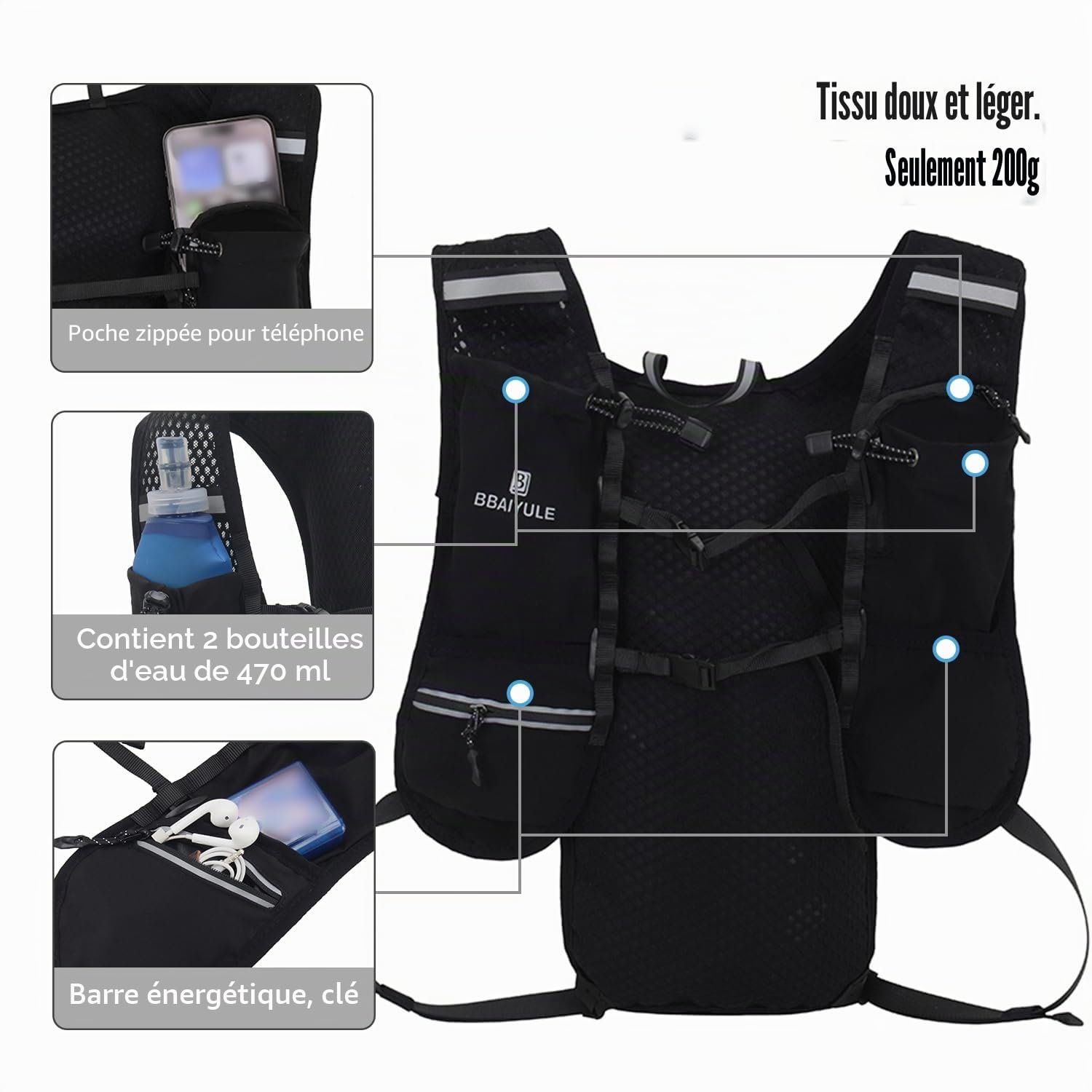 Sac à dos d'hydratation avec poche à eau et bouteille souple | Gilet de course pour homme et femme | Sac à dos de course ultra léger | Sac à dos de vélo de trail running