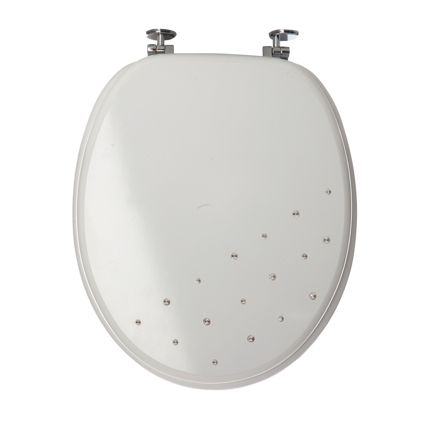 UNIVERSAL BATHROOM MODERN DIAMANTE TOILET SEAT WOODEN MDF WITH CHROME HINGES (WHITE)