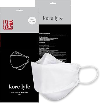 [10 PCS] 25% LARGER KF94 Face Mask - X-LARGE WHITE - [Made in Korea] - In 5 PCS Reclosable Package - Breathable Premium Quality - [Package in English]