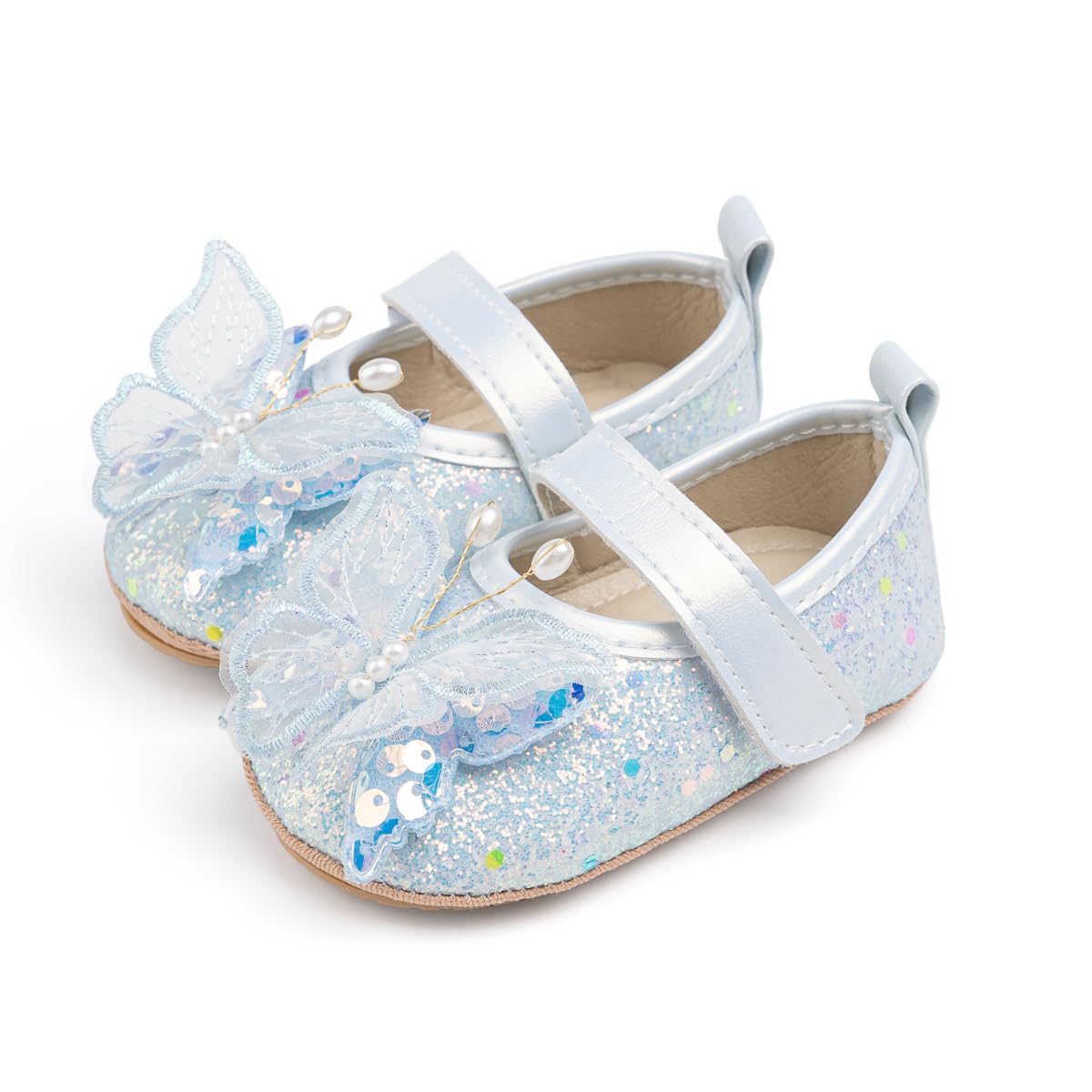 Sawimlgy Baby Girls Mary Jane Sequins Crown Flats PU Leather Wedding Party Princess Ballet Shoe Infant Rubber Sole Prewalker Toddler First Crib Shoes