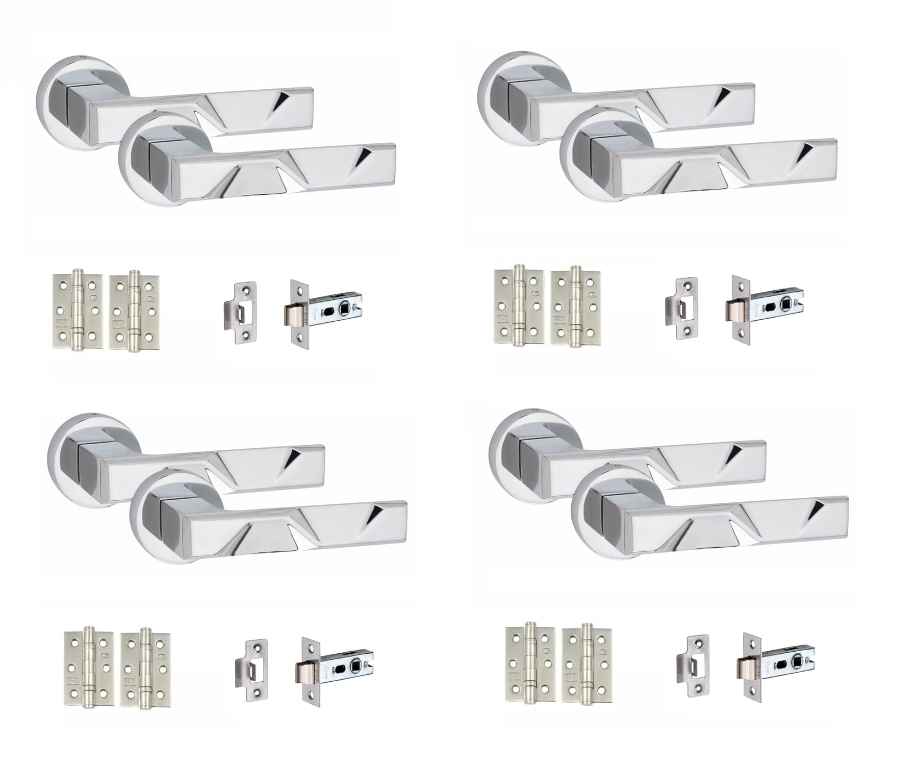 Golden Grace Modern Nova Design Premium Door Handles on Round Rose in Polished Chrome Finish with 2.5" Latch & 1 Pair of Ball Bearing Hinges - 4 Sets