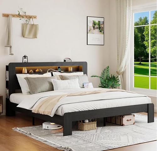 Miniatura 8 de Estructura de cama de madera tamaño Queen con cabecero de almacenamiento, estructura de cama de plataforma estilo granja con estante de biblioteca y