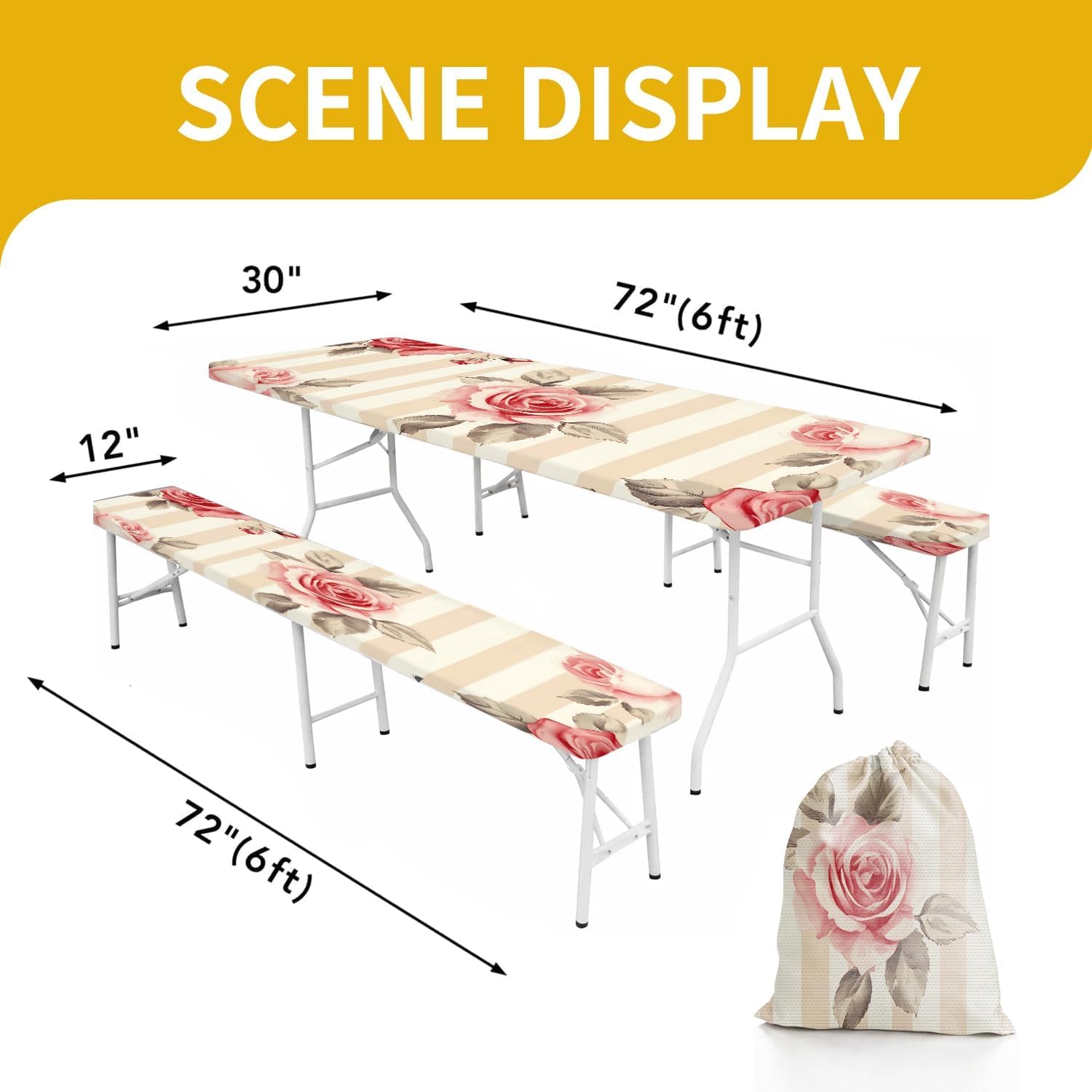 72x30 Picnic Table Cover with Bench Covers - Waterproof Vinyl Camping Tablecloth for 6FT Tables, Elastic Edges Windproof, Outdoor RV Must Haves with Bag, 4 Piece Set.