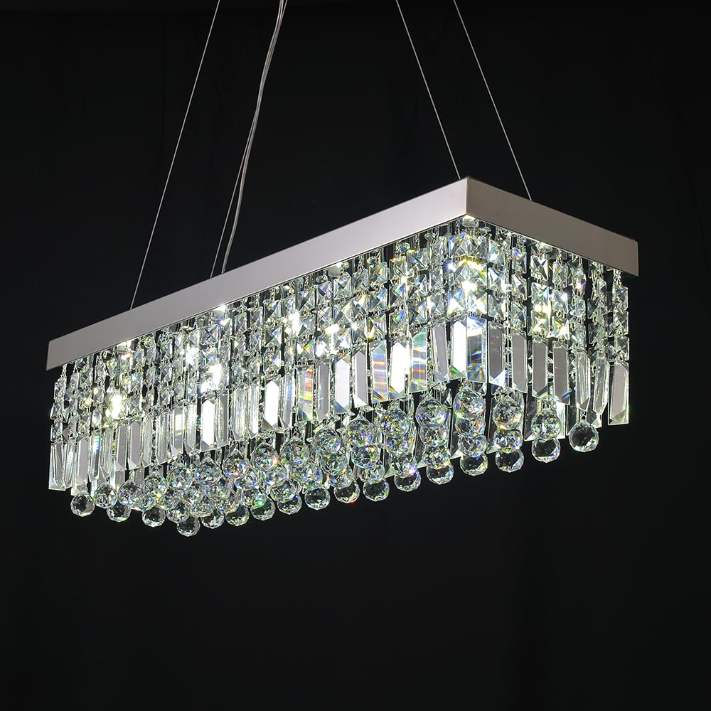 Modern Rectangle Crystal Chandelier Pendant Hanging Lighting for Dining Room Table Kitchen Island Rain Drops Contemporary Art Deco Decorative Light Fixture 31.5" Chrome