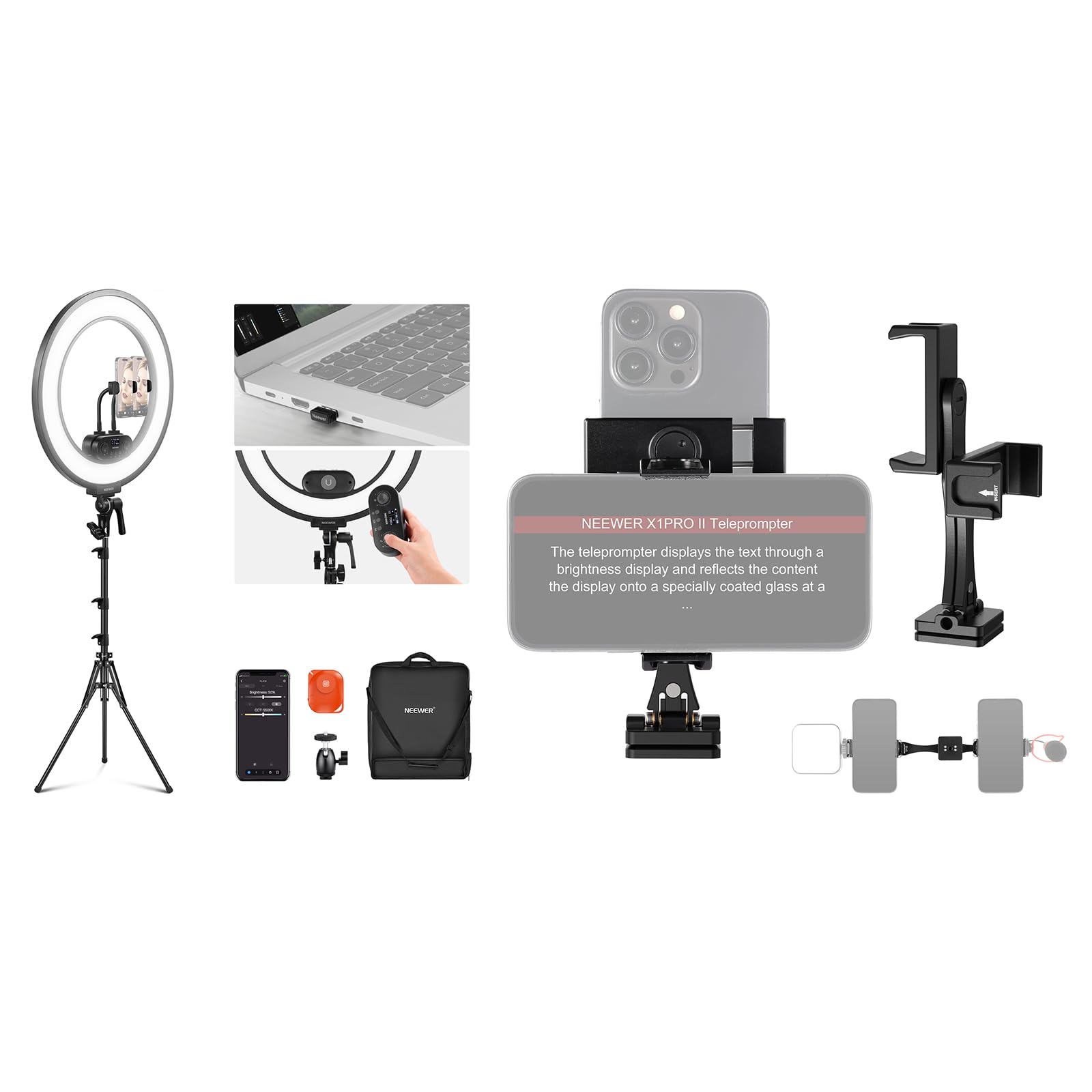 NEEWER 18 Inch Edge Lit Ring Light Kit 45W 3300lux 2900K-7000K 12 Scenes with APP 2.4G PC Mac Control Magnetic Detachable Remote Controller Stand Bag, Metal Phone Tripod Mount Adapter Included