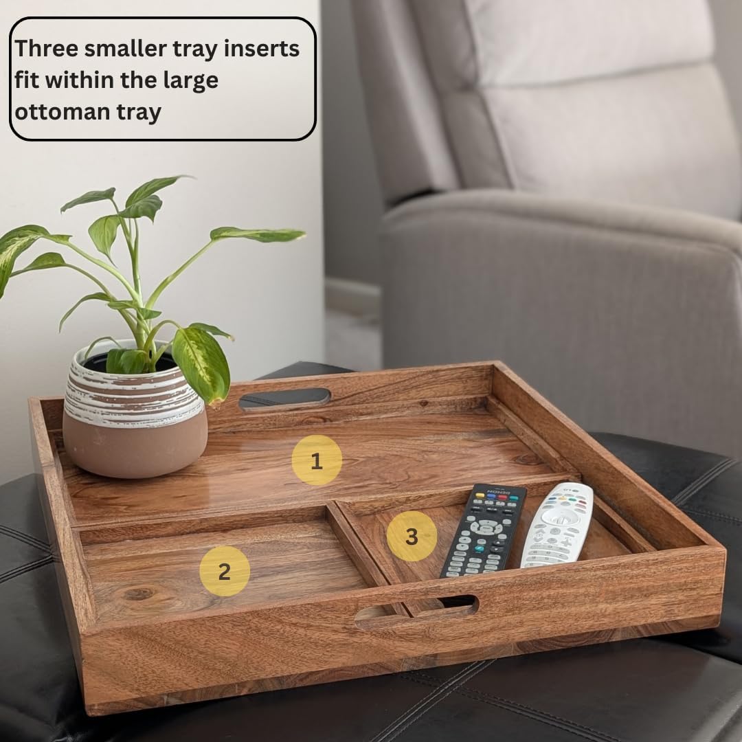 20 inch Large Square Ottoman Tray. Premium Acacia Wood Serving Tray for Living Room, Ottoman, Kitchen or as a Coffee Table Tray. Perfect Serving Tray for Breakfast in Bed, Appetizers or Parties - Image 3