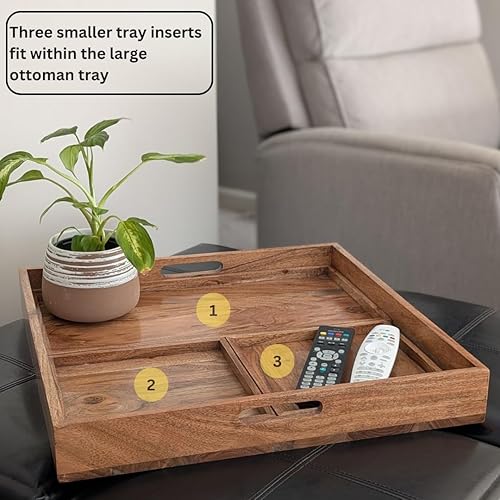 Miniatura 3 de Bandeja otomana cuadrada grande de 20 pulgadas. Bandeja de madera de acacia prémium para sala de estar, otomana, cocina o como bandeja de mesa