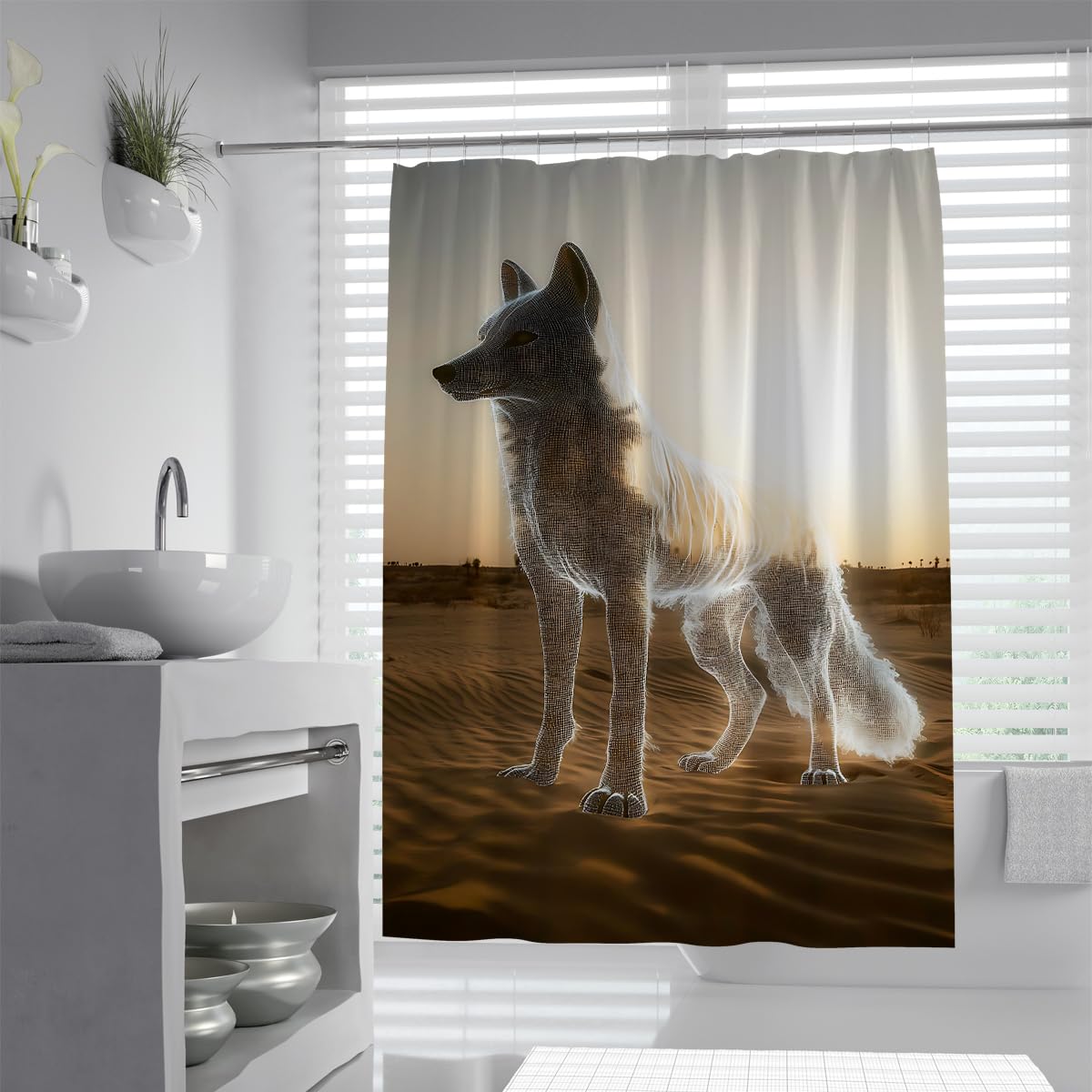 UERWOWELL Mystical Desert Coyote Shower Curtain Sunset Horizon Landscape Wildlife Silhouette Bathroom Curtains Modern Hotel Bathtub Decor Waterproof W150xL180 cm