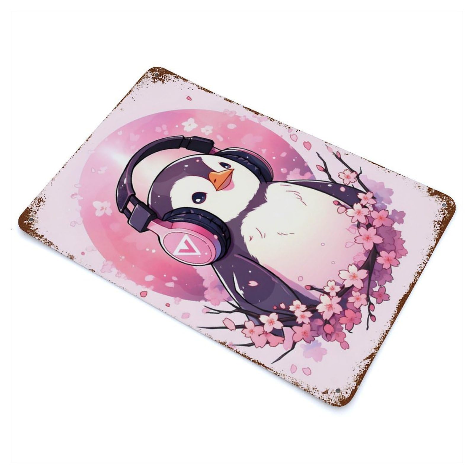 Penguin Cherry Blossoms Vintage Rust Metal Sign 11.8"x7.9", Farmhouse Wall Decor for Garage, Pub Or Kitchen