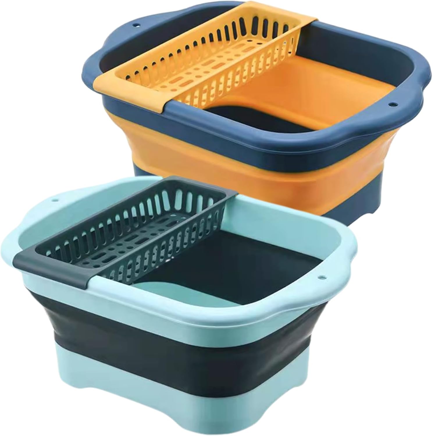 Collapsible Dish Basin with Drain Plug & Drain Basket Large Collapsible Sink Portable Multi-Functional Vegetable Washing Basket for Home Kitchen, Blue + Orange Sink