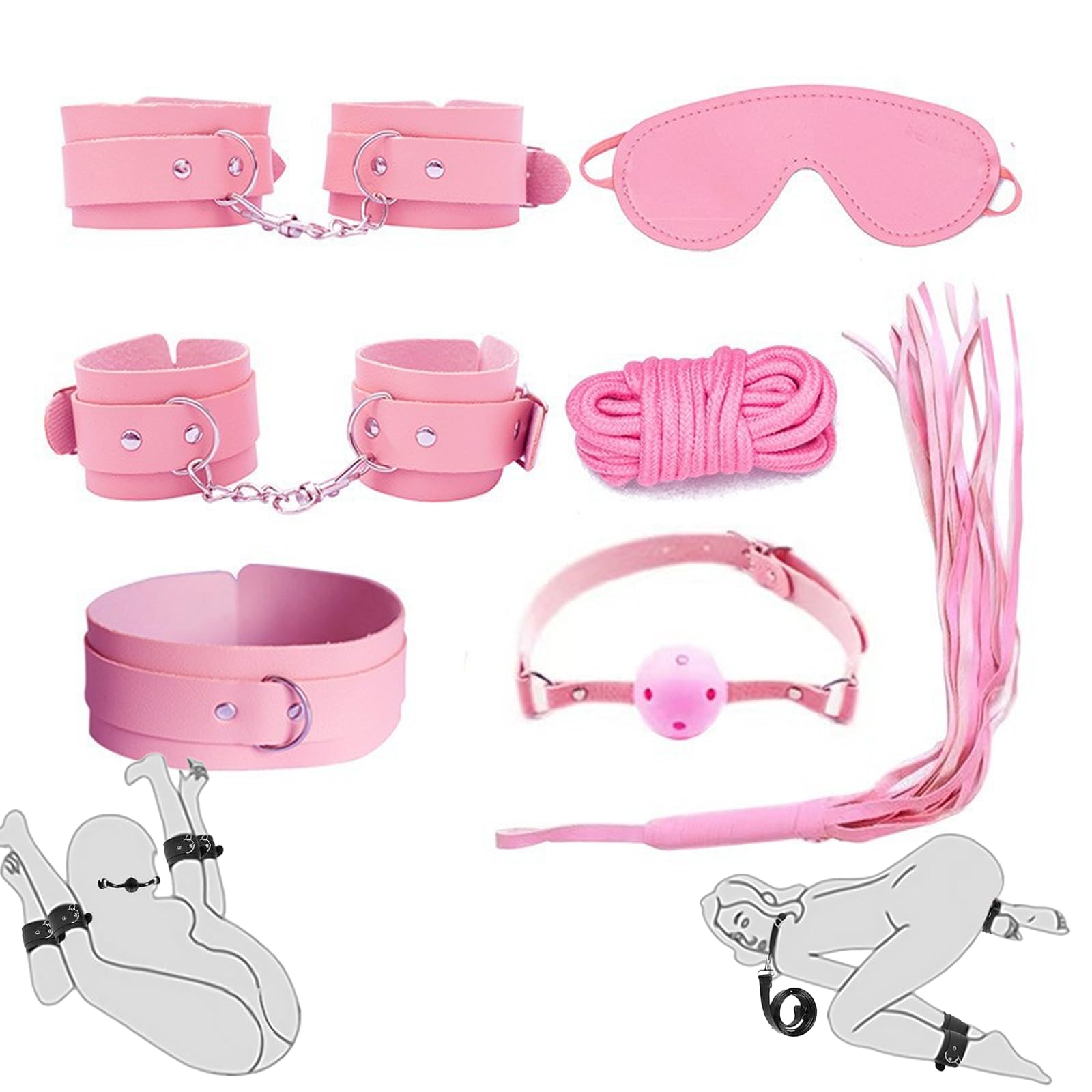 Sex Bondage Kits, BDSM Restraint Toys 7 Pcs, Handcuffs, Ankle, Cuffs, Clamps, Ball Gag, Blindfold, Rope, Leather, Restraints Set, SM Beginner Role Play Toy, BDSM Kits (Pink-7PCS)