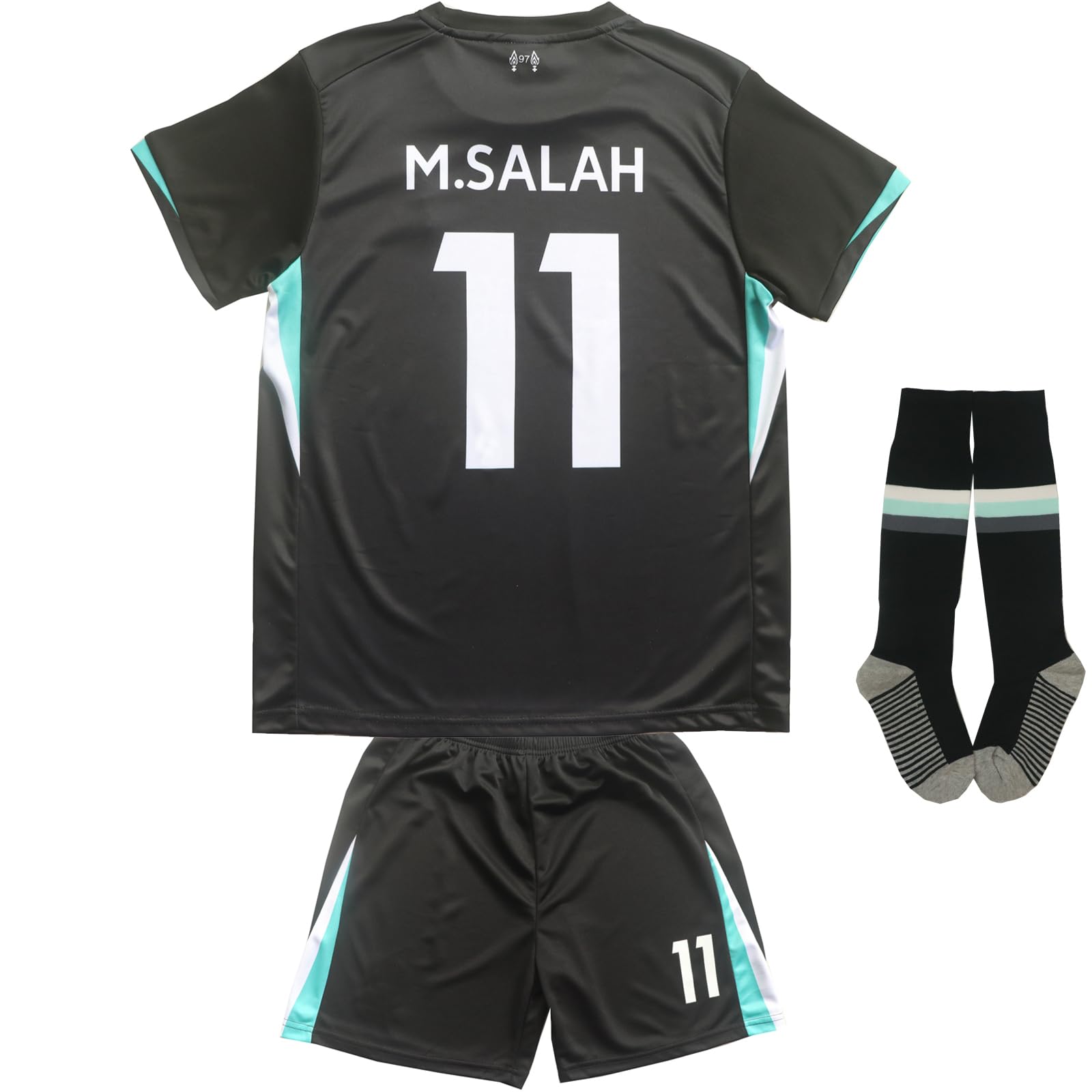 KWFOM Lpool Mo Salah #11 Away Kids Soccer Jersey Kit with Shorts/Socks Set Youth Sizes (Black, 24)