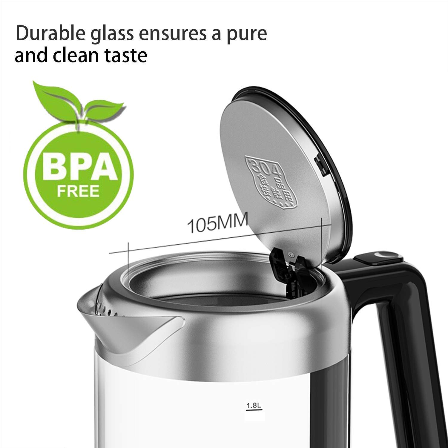 WYZQ Bollitore Elettrico in Vetro, Bollitore Illuminato a LED Ecologico, Bollitore Cordless Senza Bpa con Coperchio Interno e Fondo in Acciaio Inossidabile, Spegnimento Automatico e Protezione