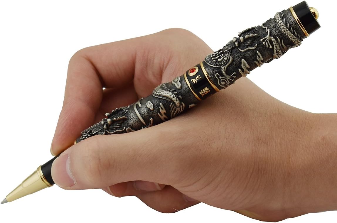 Jinhao Double Dragon Rollerball Pen, Embossed Pattern, Ancient Gray Color, Advanced Collection Gift Pen
