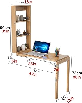 Wall Table Folding Wall Table Wall-Mounted Folding Table with Storage Shelf, Multi-Tier Storage, Flip Up Dining Table, Bedroom Study Room Wood Yellow, 90*45cm/35*18inch