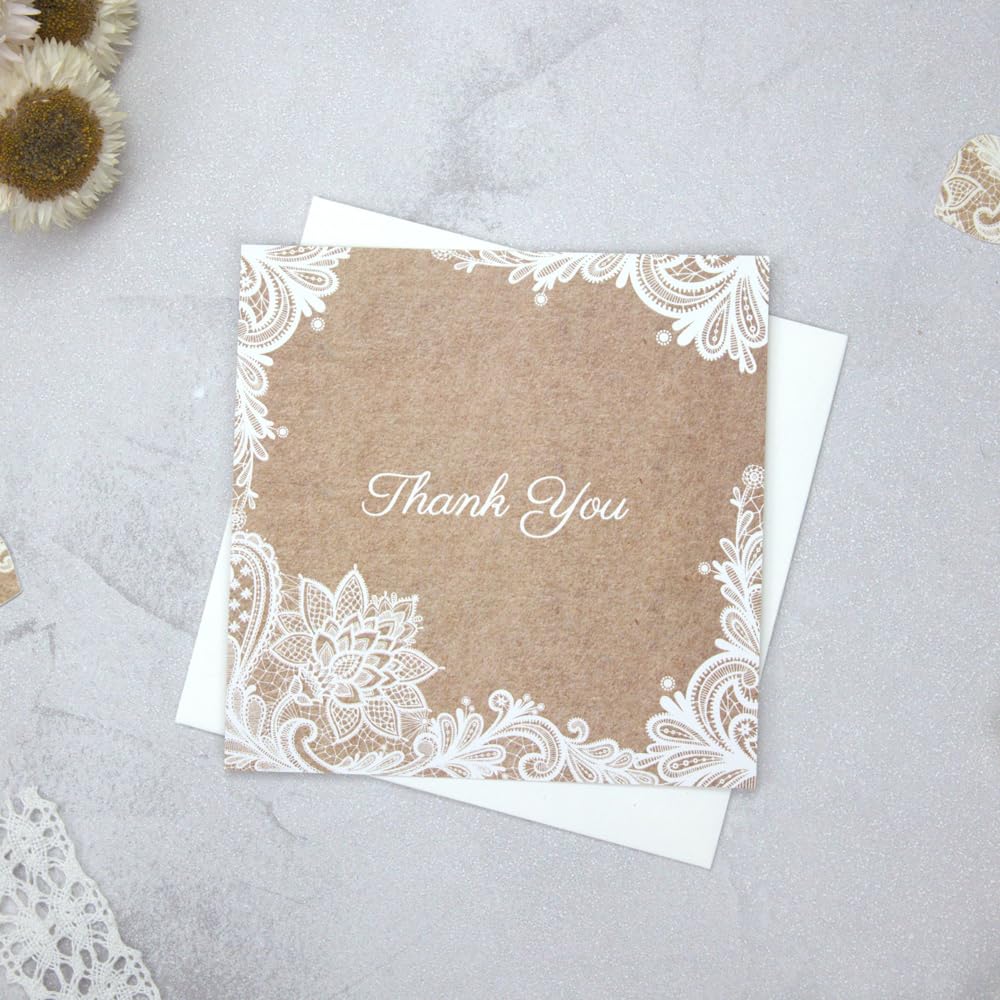 Dotty about Paper Rustic Lace Pattern - Premium Square Wedding Thank You Cards - Pack of 20 with Ivory Envelopes. Perfect for Friends and Family. Vintage Charm, Woodland, Kraft