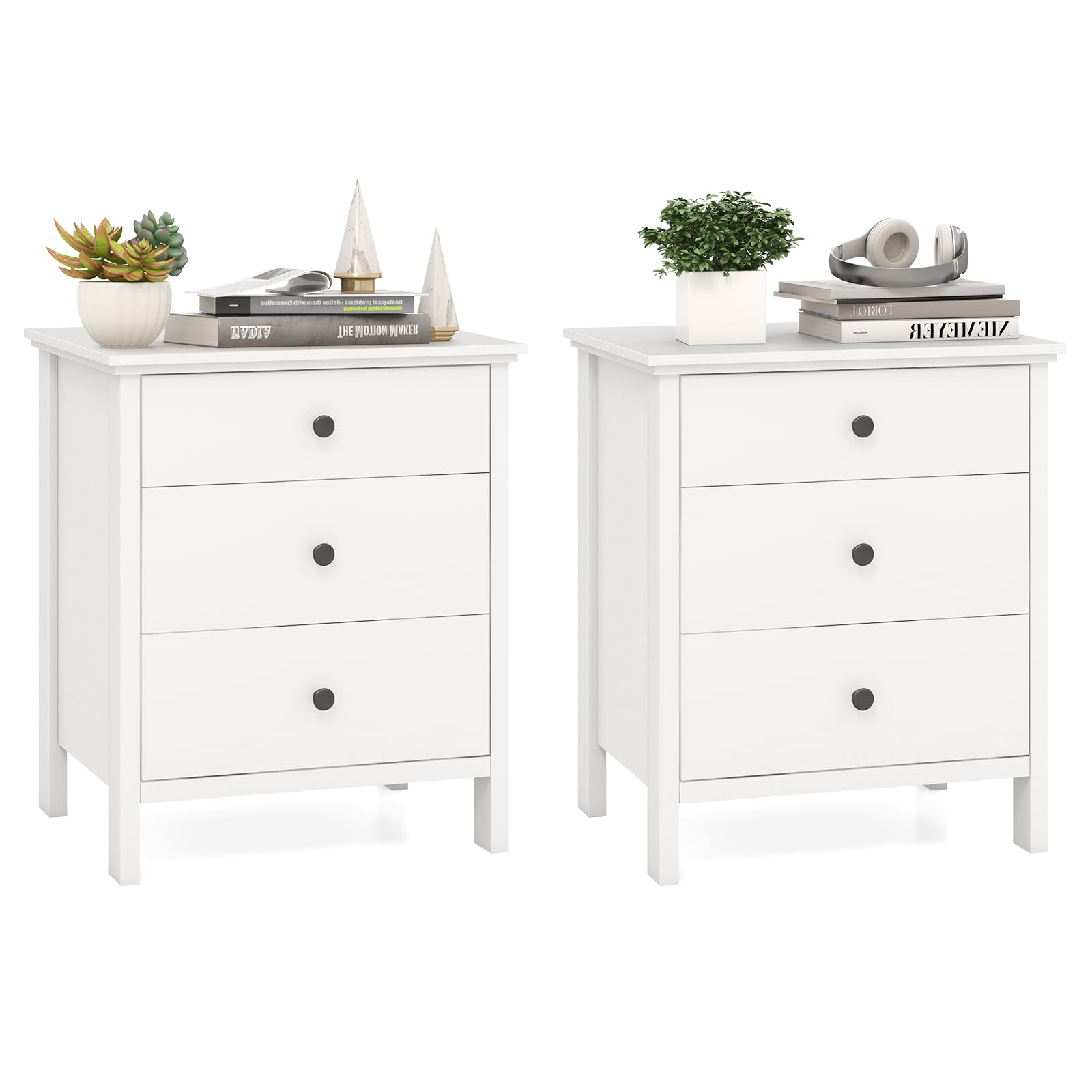 COSTWAY 1/2 Mesita de Noche, Mesillas de Noche Madera con 3 Cajones, Mesa Auxiliar Moderno Dormitorio Salon Sofa, 56 x 45 x 66 cm, Blanco (2, Blanco)