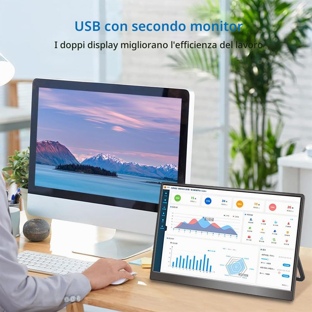Monitor portatile touch 14" IPS 1080P, 100% sRGB, anti-riflesso, protezione occhi, schermo portatile USB-C e mini-HDMI per laptop, Mac, PC e console di gioco