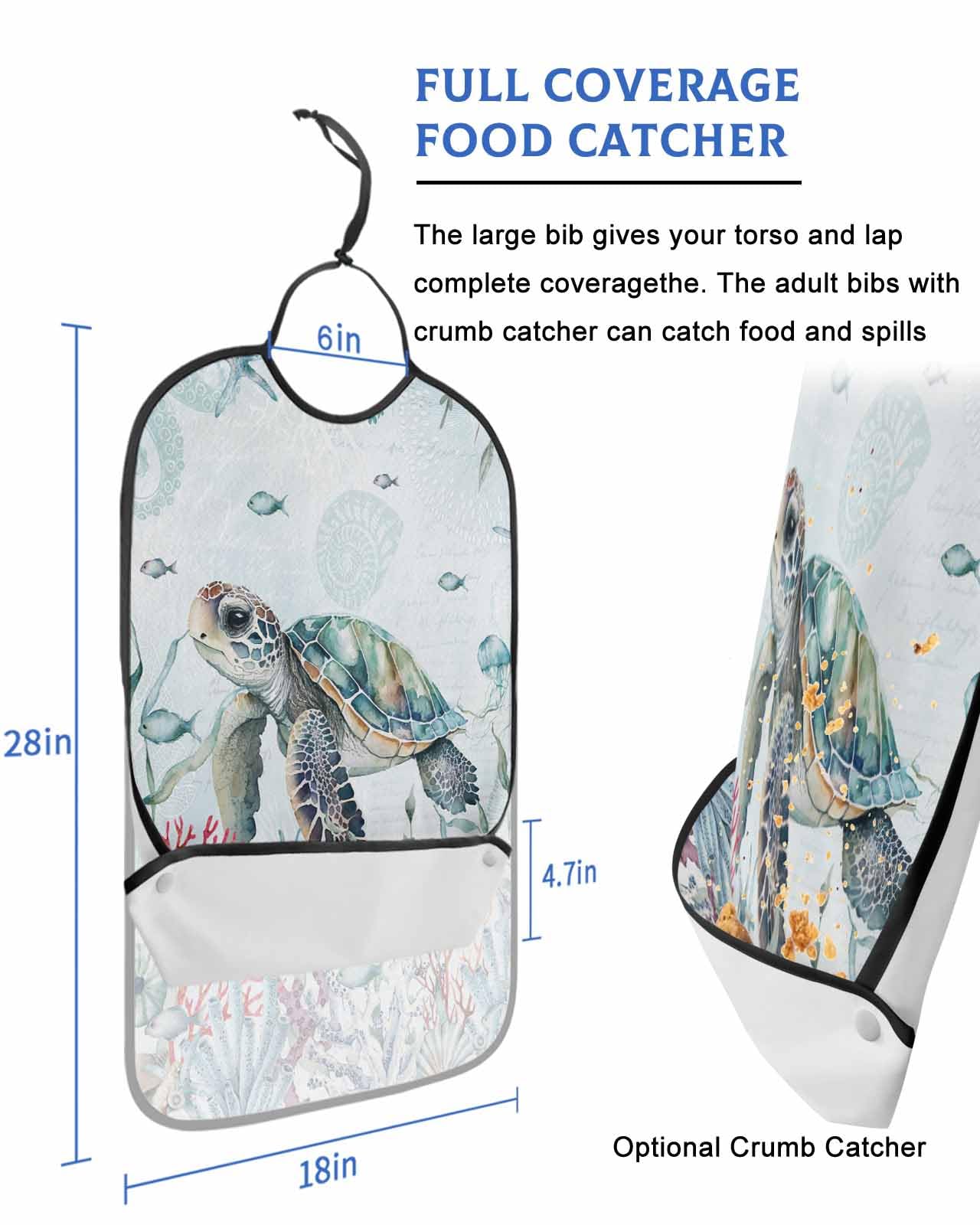 LEOKOTI Sea Turtle Adult Bibs for Eating, Waterproof Bibs with Food Catcher & Snap Closure, Blue Summer Beach Coastal Coral Ocean Nautical Washable Clothing Protectors Adult Bibs for Elderly