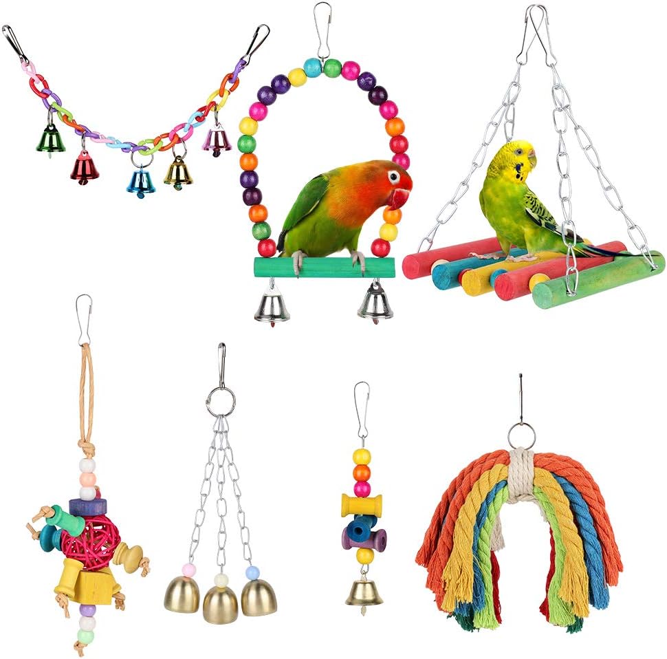 Bird Swing Toys for Chewing & Playing - YOUTHINK 7 Packs Colorful Natural Wooden Hammock Hanging Bell Fits for Parakeets, Parrots, Conures, Love Birds, Budgie, Budgerigars