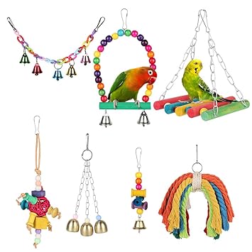 YOUTHINK Birds Swing Toys, 7 Pcs Colorful Parrots Chewing Hanging Hammock Swing Perches Pet Bird Hanging Bell Tearing Toys for Parakeets Cockatiels, Conures, Macaws, Parrots, Love Birds, Finches