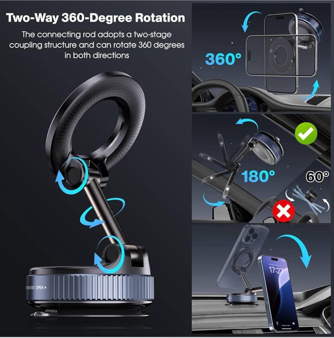 Soporte Magnético, Magnetic Car Phone Holder – Strong Dashboard and Windshield Mount with Suction Cup, 360° Adjustable Arm, Compatible with Most Smartphones