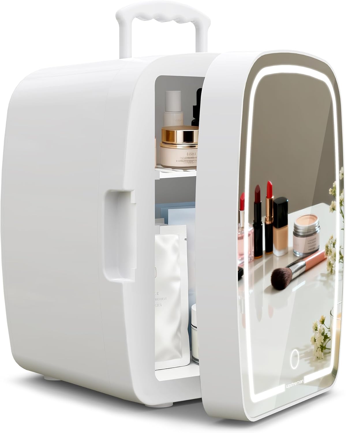 Upstreman Skincare Fridge with Mirror, 6 Liter Mini Fridge for Skincare, Makeup Fridge for Cosmetics, Drinks & Food, Portable Personal Cooler for Bedroom, Dorm and Car, White