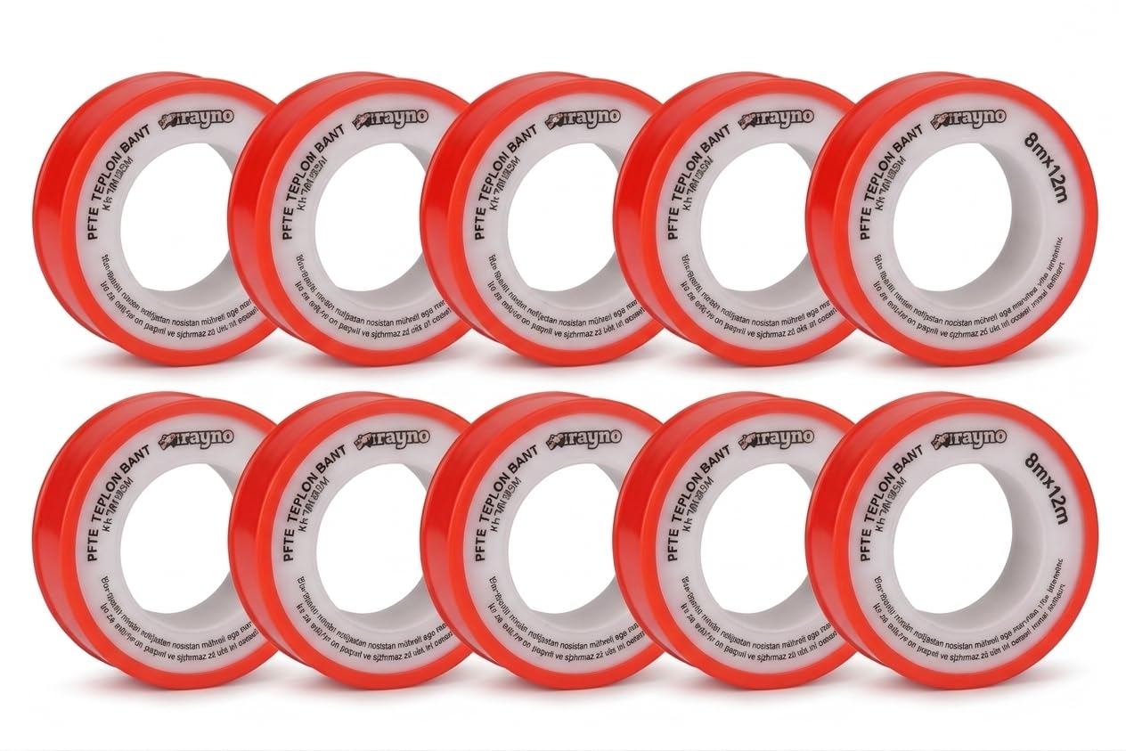 Rayno PTFE Teflon Bant 10 Adet 8mm x 12m | Su ve Gaz Tesisatı için Sızdırmazlık Bandı | Yüksek Dayanım 10 Adet