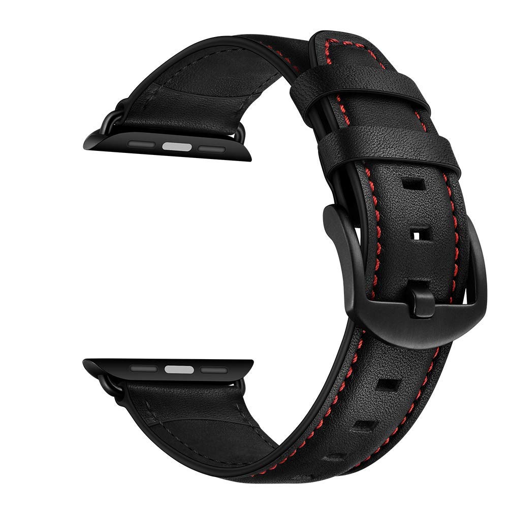 CINORS Leather Band for Apple Watch 42 44mm Mens Women Black Leather Strap