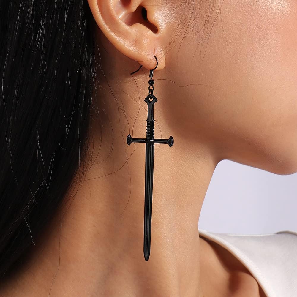 2 Pairs Gothic Dagger Sword Earrings Retro Long Sword Hook Earrings Punk Knife Dangle Drop Earrings for Women - Silver Black - Image 4